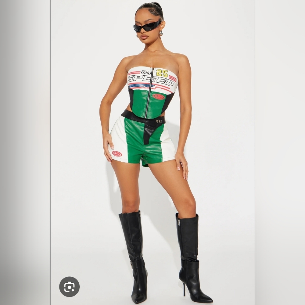 Fashion Nova Race Track Ready Green & Black Faux Leather Shorts Set XLarge